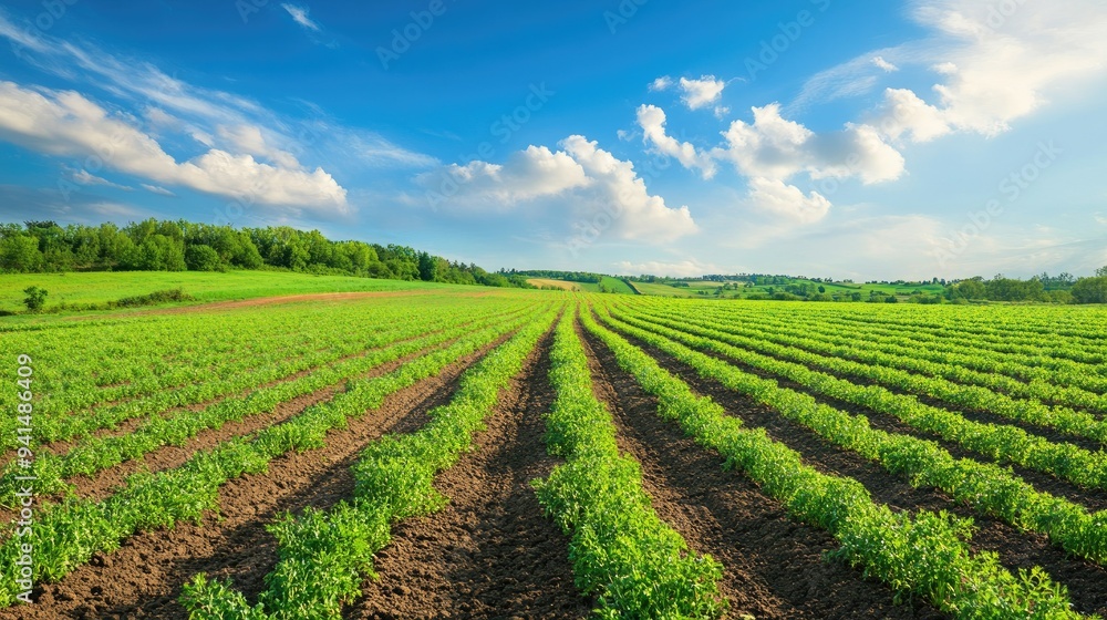 A panoramic view of a carrot field, with green tops swaying gently under a bright blue sky. Ideal for showcasing the beauty of farming and agriculture. A panoramic view of a carrot field, with green tops swaying gently under a bright blue sky. Ideal for showcasing the beauty of farming and agriculture.