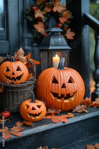 Halloween pumpkin decorations. Pumpkin for decorated house. Halloween Decorated at front yard of a American home. Halloween decorated front door with pumpkins.