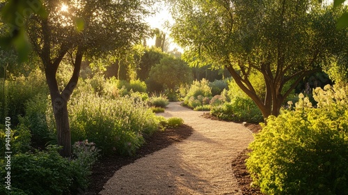 A peaceful organic garden scene with peppermint trees bathed in soft, golden sunlight, with the gardenaes pathways and other plants visible in the background. photo