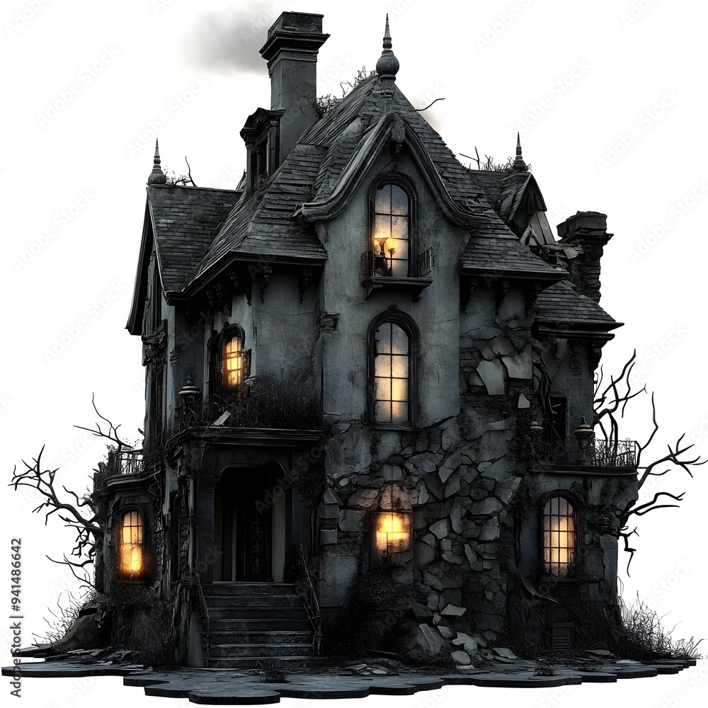 Haunting Facade of an Abandoned Gothic Mansion in a Desolate Wooded Setting Haunting Facade of an Abandoned Gothic Mansion in a Desolate Wooded Setting