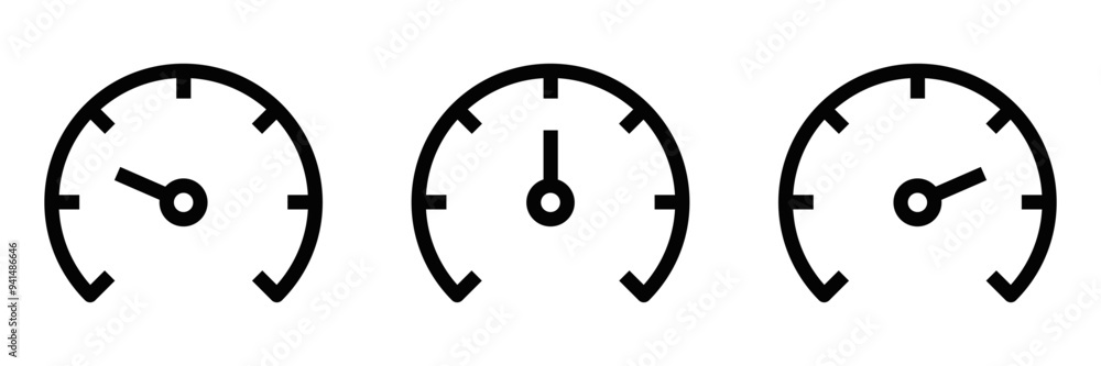 Set of three speedometer icons in minimalist style, symbolizing performance, speed, and measurement. Vector illustration. Editable stroke. Set of three speedometer icons in minimalist style, symbolizing performance, speed, and measurement. Vector illustration. Editable stroke.