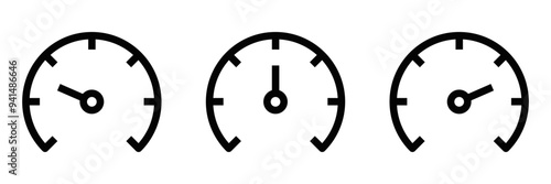 Set of three speedometer icons in minimalist style, symbolizing performance, speed, and measurement. Vector illustration. Editable stroke.