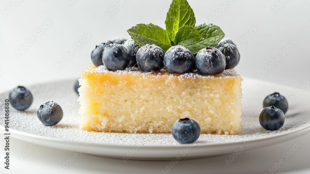 A piece of bird's milk cake topped with blueberries and mint, placed on a simple white plate, against a seamless white background. A piece of bird's milk cake topped with blueberries and mint, placed on a simple white plate, against a seamless white background.