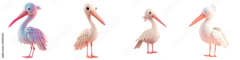Fototapeta premium A colorful illustration of four cartoon pelicans in different poses, showcasing their playful and whimsical nature.