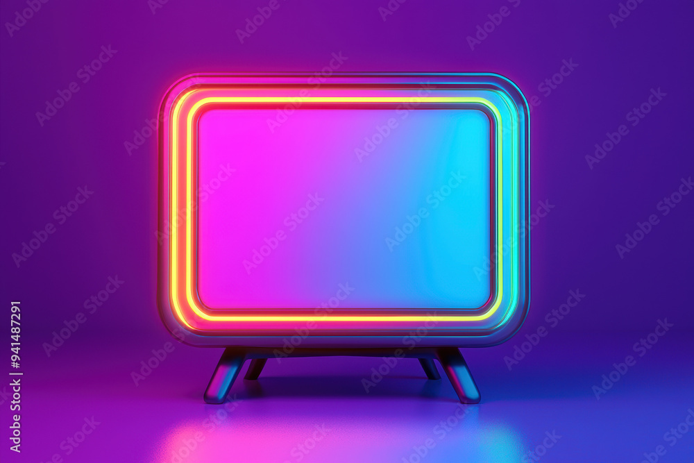 Colorful abstract neon glowing retro TV screen on a reflective surface with a gradient background, evoking a futuristic and vibrant aesthetic. Colorful abstract neon glowing retro TV screen on a reflective surface with a gradient background, evoking a futuristic and vibrant aesthetic.