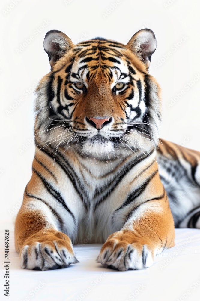Obraz premium A tiger relaxes on a smooth white surface