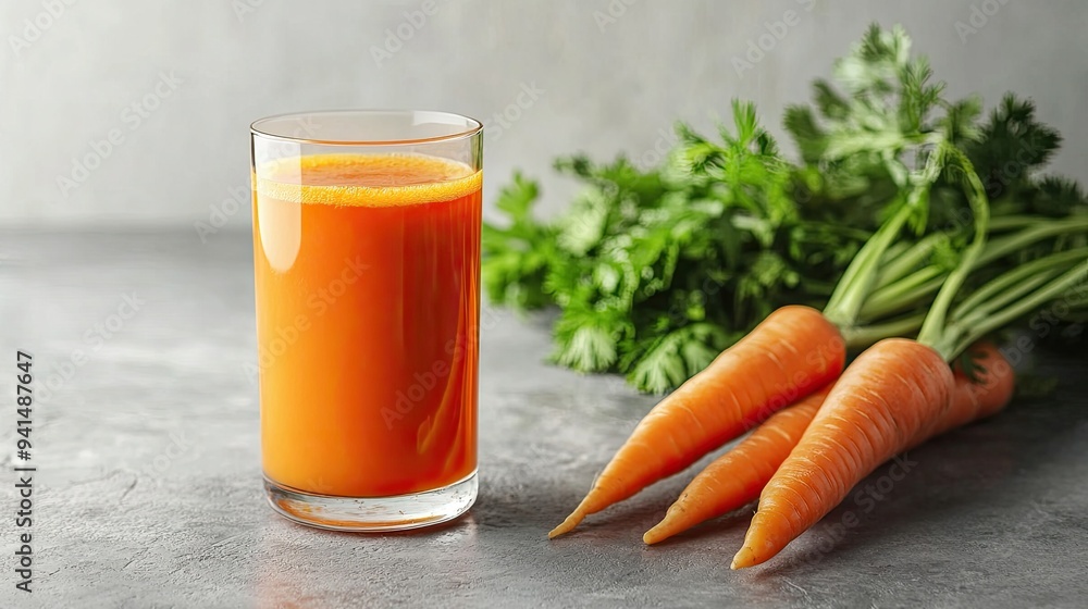 A refreshing glass of carrot juice, with vibrant carrots on a grey textured table, set against a minimalist white background. Ideal for healthy food and drink photography. A refreshing glass of carrot juice, with vibrant carrots on a grey textured table, set against a minimalist white background. Ideal for healthy food and drink photography.