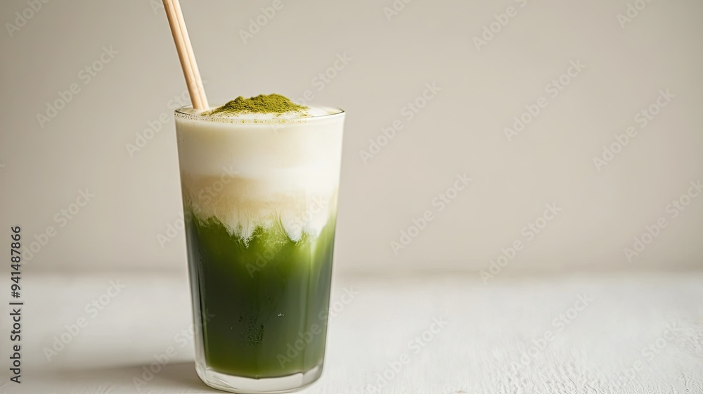 A refreshing iced matcha latte in a tall glass, with vibrant green layers swirling through creamy milk, served with a bamboo straw on a minimalist white table. A refreshing iced matcha latte in a tall glass, with vibrant green layers swirling through creamy milk, served with a bamboo straw on a minimalist white table.
