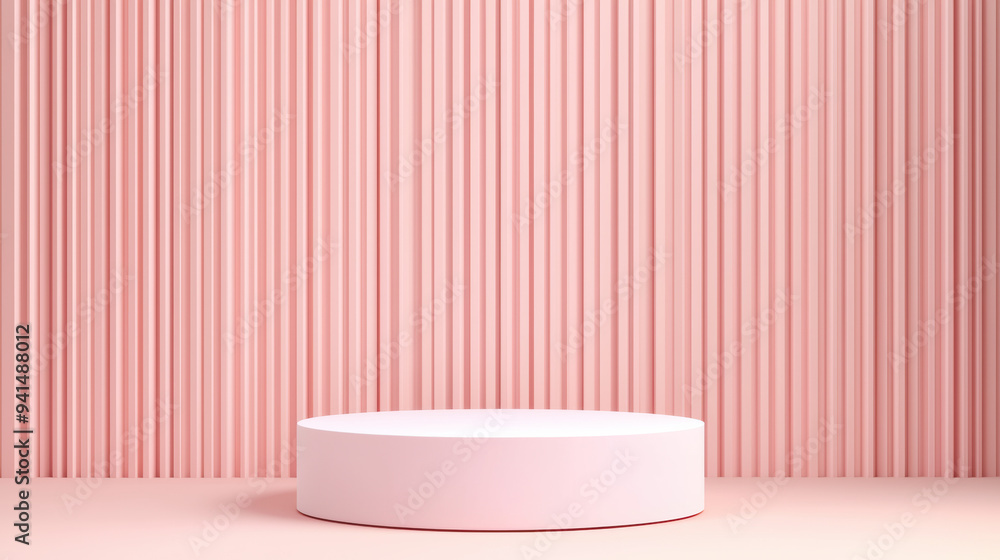 Minimalistic pink podium with vertical striped background, perfect for showcasing products and elegant presentations in a stylish, modern setting. Minimalistic pink podium with vertical striped background, perfect for showcasing products and elegant presentations in a stylish, modern setting.