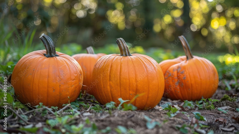 Four ripe pumpkins sit on the ground in a field. Four ripe pumpkins sit on the ground in a field.