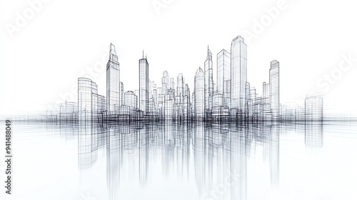 Abstract sketch of a city skyline with reflection on water. Minimalist architecture illustration. photo