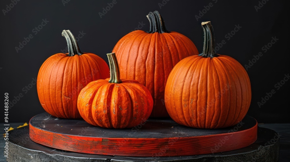 Four ripe pumpkins of different sizes arranged on a wooden plate against a dark background. Four ripe pumpkins of different sizes arranged on a wooden plate against a dark background.