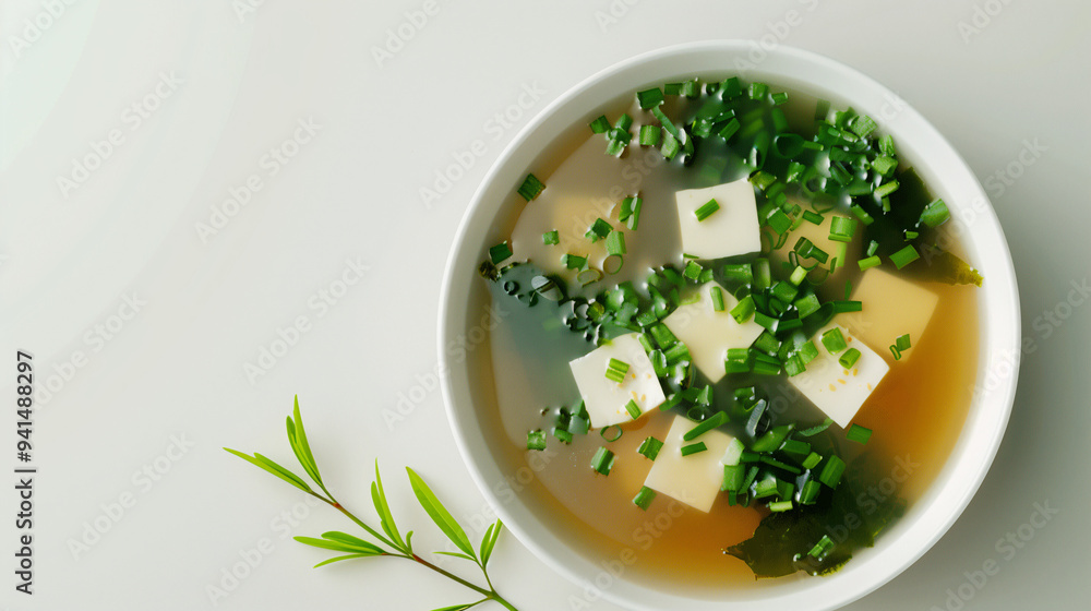 a simple yet elegant bowl of miso soup, garnished with tofu cubes, seaweed, and green onions, placed on a clean, white background a simple yet elegant bowl of miso soup, garnished with tofu cubes, seaweed, and green onions, placed on a clean, white background