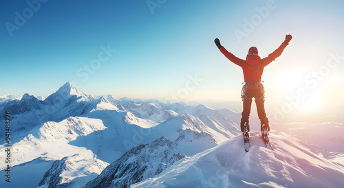 "A Woman in Climbing Gear Stands on the Top of an Alpine Mountain"