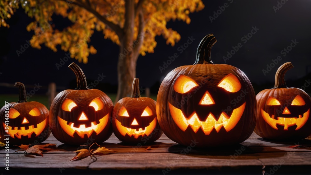 Fototapeta premium Festively carved pumpkins illuminated at night during autumn
