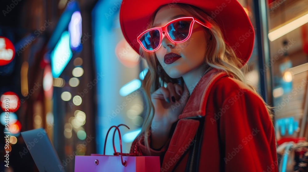 A fashionable woman in a stunning red hat and stylish sunglasses strolls through a vibrant city filled with neon lights, embodying chic elegance and cosmopolitan flair as she carries shopping bags A fashionable woman in a stunning red hat and stylish sunglasses strolls through a vibrant city filled with neon lights, embodying chic elegance and cosmopolitan flair as she carries shopping bags