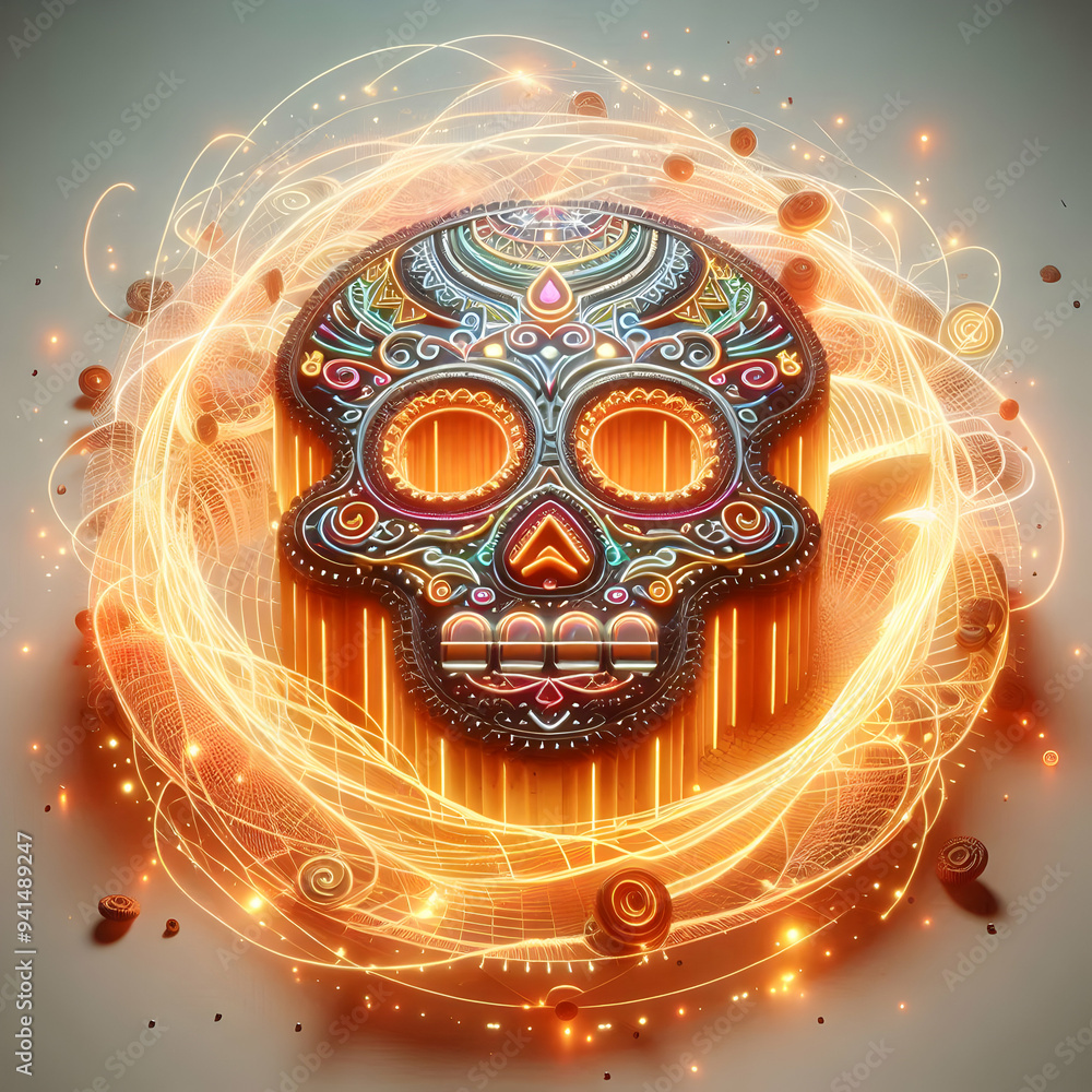 3D Glowing Pan de Muerto in Digital Abstract Patterns concept as A digital artwork showcasing a glowing pan de muerto surrounded by abstract patterns and light trails representing the fusion of tradit 3D Glowing Pan de Muerto in Digital Abstract Patterns concept as A digital artwork showcasing a glowing pan de muerto surrounded by abstract patterns and light trails representing the fusion of tradit