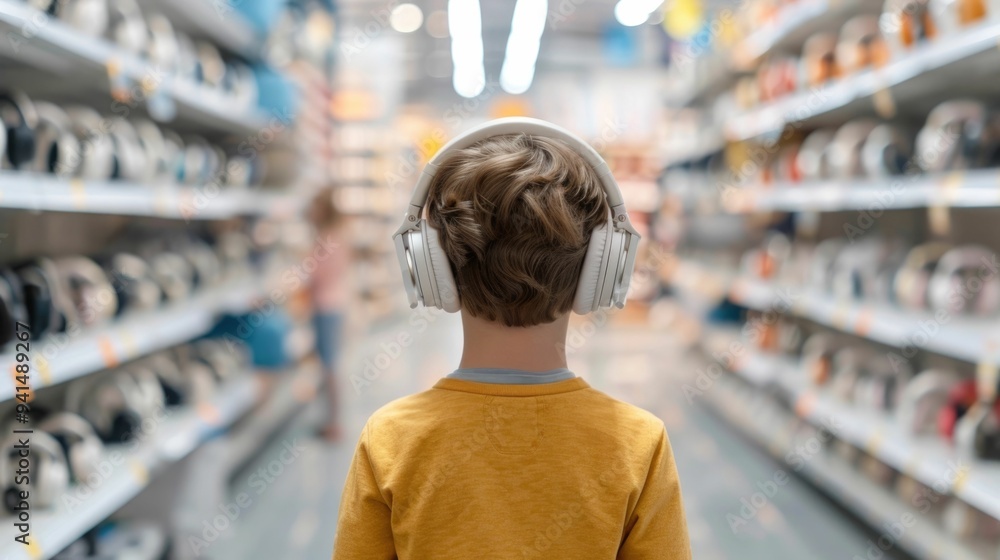 Family members exploring and evaluating various headphone options at a tech store Family members exploring and evaluating various headphone options at a tech store