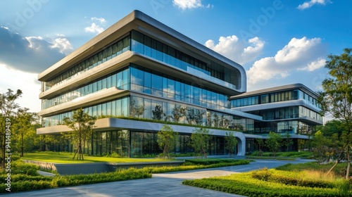 A sleek office building with a green platform and landscaped surroundings, blending modern design with nature. Perfect for visuals focused on sustainability and innovation.