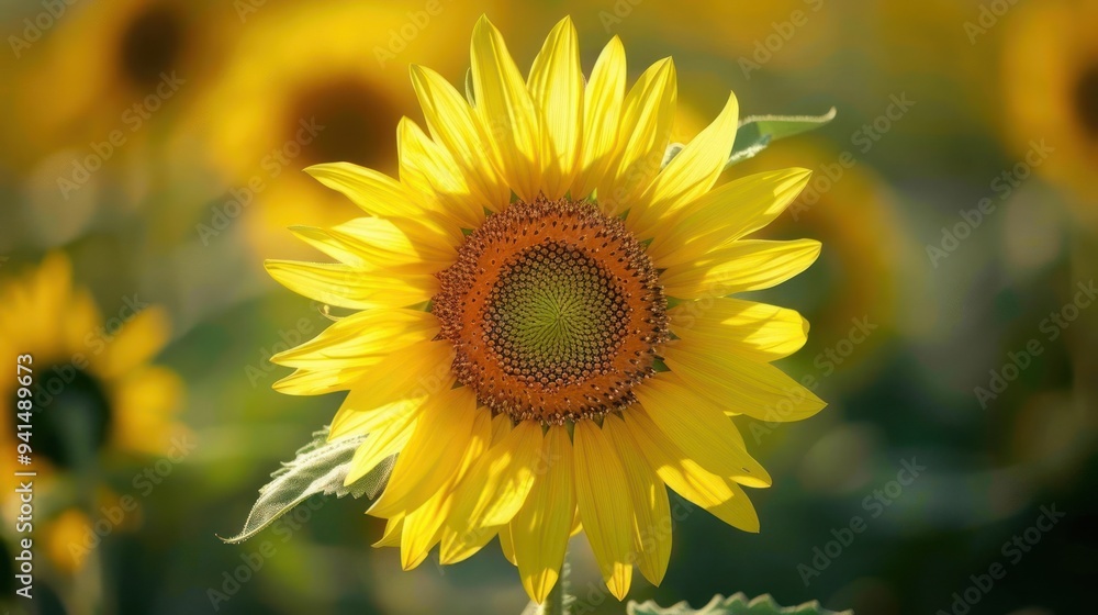Close-up of a vibrant yellow sunflower in a field with other sunflowers in the background. Close-up of a vibrant yellow sunflower in a field with other sunflowers in the background.