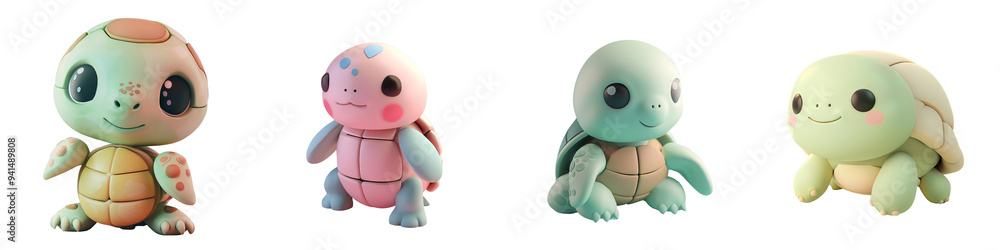 Fototapeta premium Adorable cartoon turtles in vibrant colors, perfect for children's themes, toys, or playful designs.