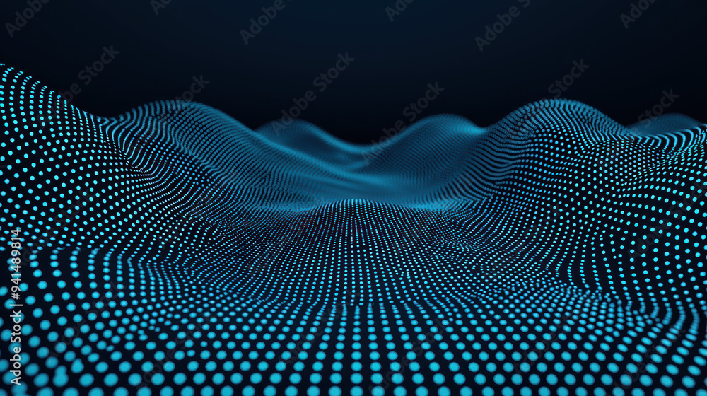 Abstract digital wave illustration with blue dots on a dark background, representing data visualization, technology, and modern design. Abstract digital wave illustration with blue dots on a dark background, representing data visualization, technology, and modern design.