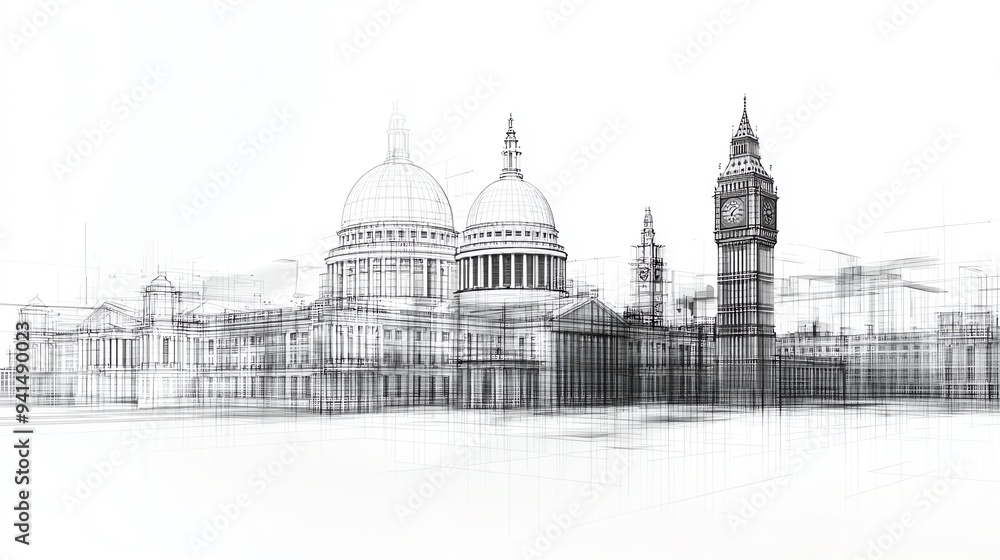 A pencil sketch of the London skyline, featuring St. Paul's Cathedral and Big Ben. A pencil sketch of the London skyline, featuring St. Paul's Cathedral and Big Ben.