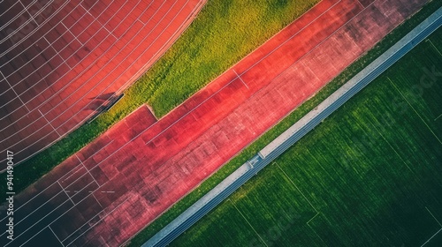 Aerial view of an empty athletics stadium, focusing on the red running track and green infield photo