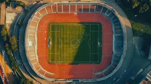 Wallpaper Mural Aerial view of an empty football stadium, focusing on the pitch, surrounding track, and seating arrangement Torontodigital.ca