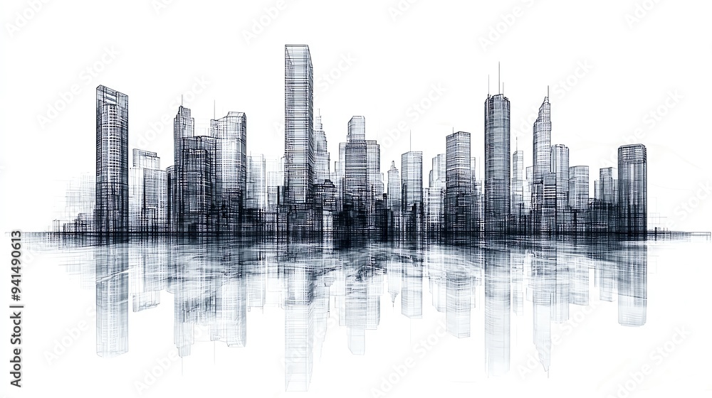 A stylized cityscape with tall buildings and reflections in water, rendered in a grayscale abstract style. A stylized cityscape with tall buildings and reflections in water, rendered in a grayscale abstract style.