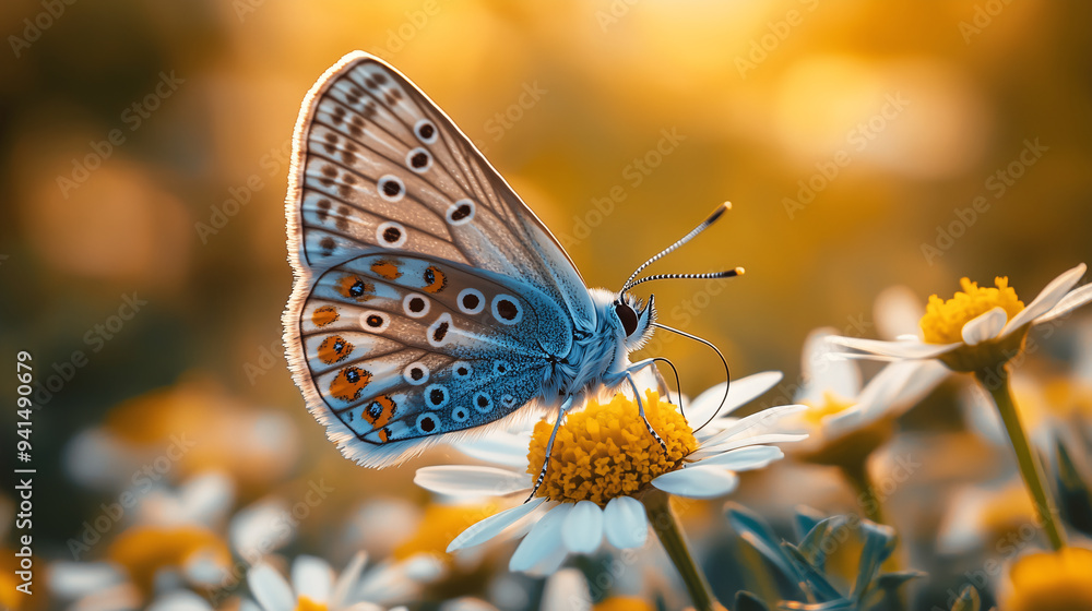 Obraz premium A white butterfly with black dots on its wings delicately lands on a white daisy flower in the warm, golden light of the sunset