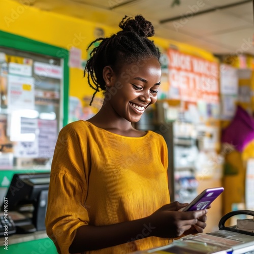 black african american youth female young person at a cash pickup location, joyfully receiving money sent by a loved one in yellow orange top all smiles