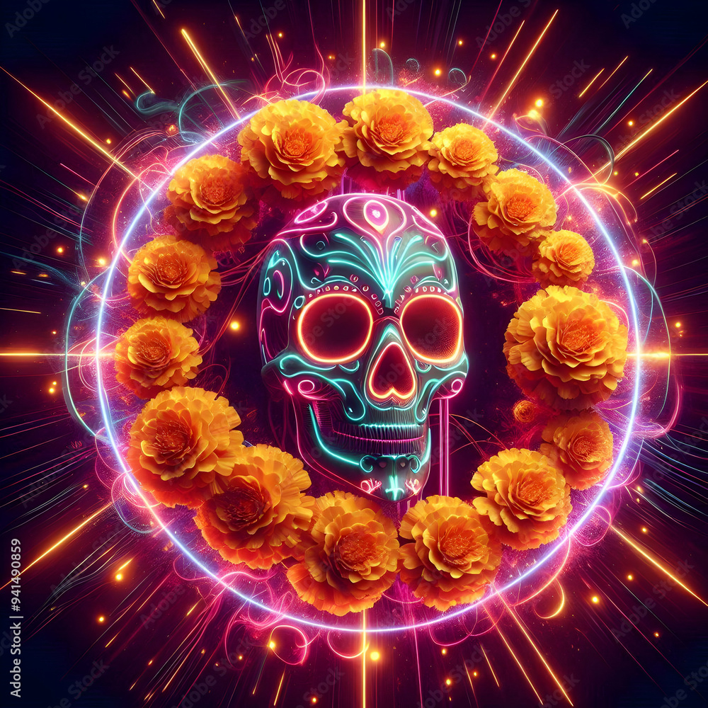 3D Neon Marigold Wreath with Digital Glowing Skulls concept as A striking digital artwork featuring a neon marigold wreath with glowing skulls intertwined set against an abstract background with dynam 3D Neon Marigold Wreath with Digital Glowing Skulls concept as A striking digital artwork featuring a neon marigold wreath with glowing skulls intertwined set against an abstract background with dynam