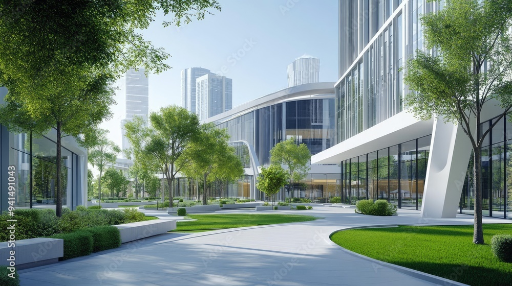 A stylish commercial area with a central platform, surrounded by green lawns, trees, and environmentally-friendly office spaces. Ideal for modern business themes.