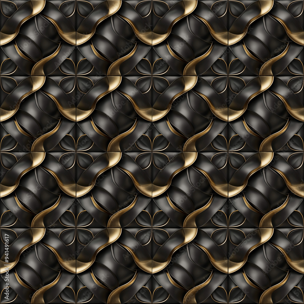 3D rendering rendering of gold and black ornate patterns. AI generation. 3D rendering rendering of gold and black ornate patterns. AI generation.
