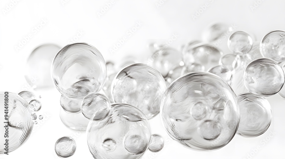 CG Transparent Bubble Cluster: A cluster of transparent CG bubbles, varying in size, floating on a white background.
CG Transparent Bubble Cluster: A cluster of transparent CG bubbles, varying in size, floating on a white background.