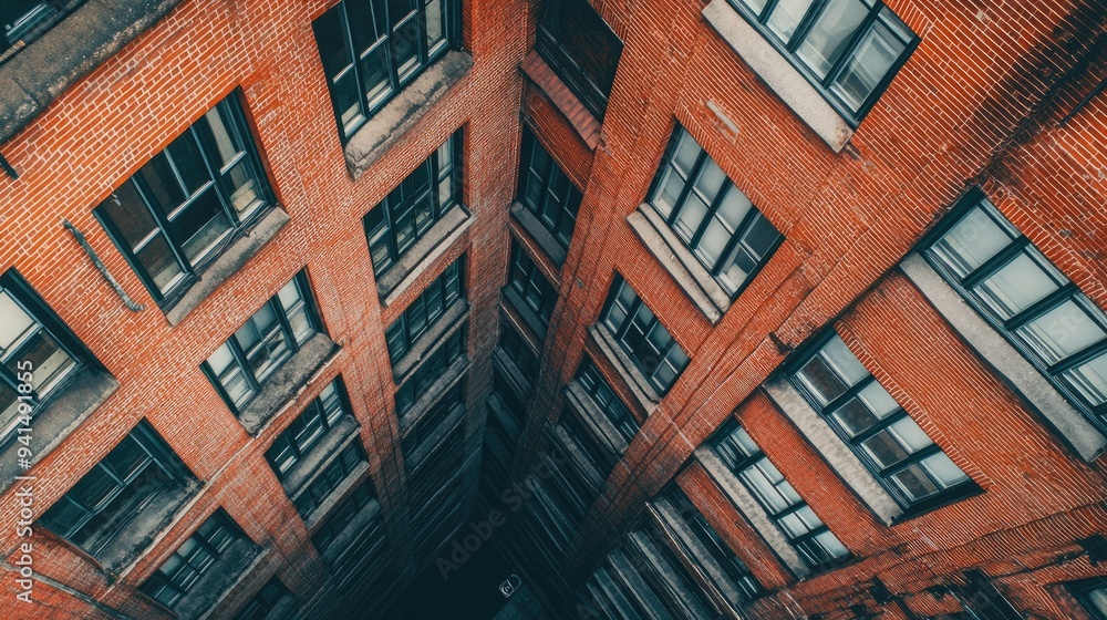 Obraz premium A top-down view of a red brick urban building with multiple windows, capturing the geometric patterns created by the bricks and window frames.