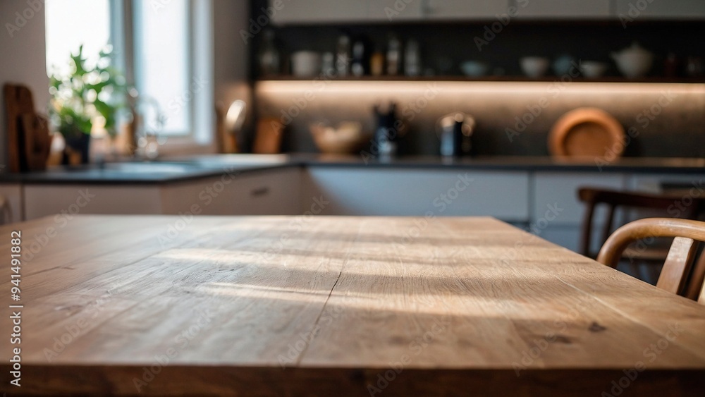 empty kitchen table, soft natural light from the window, blurred background empty kitchen table, soft natural light from the window, blurred background