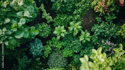 A top-down view of an organic garden filled with fresh peppermint trees, surrounded by other herbs and vegetables, creating a thriving natural environment.
