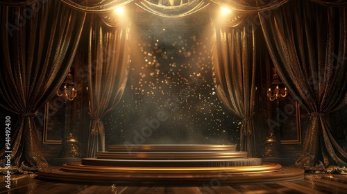 Elegant stage with gold curtains, spotlights, and a circular podium.