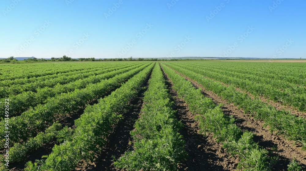 A vast carrot field with green tops under a clear blue sky, captured in a wide shot that emphasizes the scale and beauty of the farm. A vast carrot field with green tops under a clear blue sky, captured in a wide shot that emphasizes the scale and beauty of the farm.