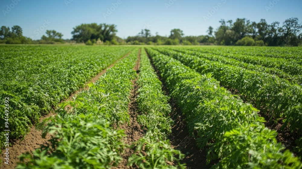 A vast carrot field with green tops under a clear blue sky, captured in a wide shot that emphasizes the scale and beauty of the farm. A vast carrot field with green tops under a clear blue sky, captured in a wide shot that emphasizes the scale and beauty of the farm.