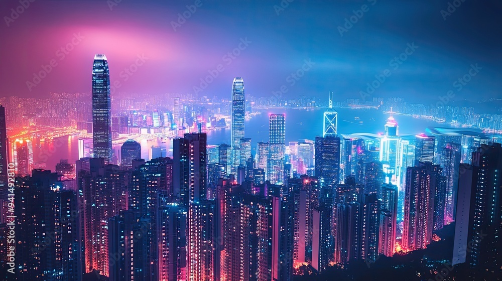 A vibrant city skyline at night with sleek, illuminated skyscrapers and high-tech urban design. An ideal premium background for technology-related content. A vibrant city skyline at night with sleek, illuminated skyscrapers and high-tech urban design. An ideal premium background for technology-related content.