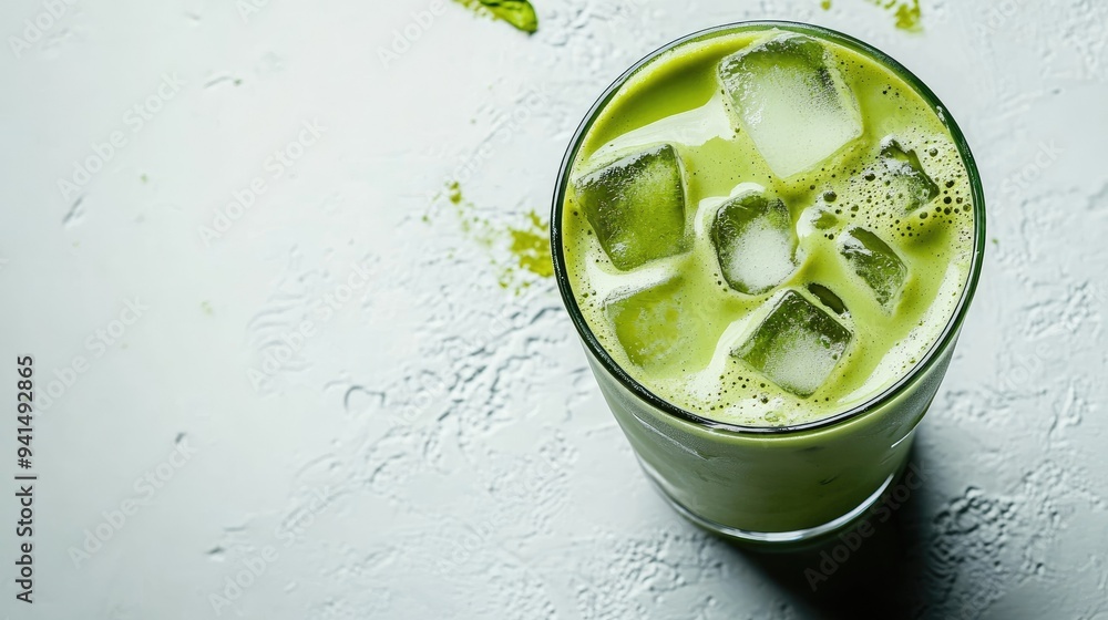 A vibrant green iced matcha latte, with ice cubes floating in the creamy drink, set against a clean white background for a modern and refreshing look. A vibrant green iced matcha latte, with ice cubes floating in the creamy drink, set against a clean white background for a modern and refreshing look.