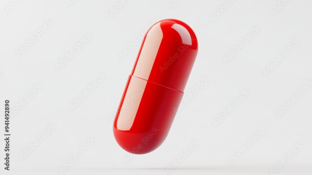 A 3D simple style icon of a bright red vitamin pill with a smooth texture and subtle highlights floating against a white background A 3D simple style icon of a bright red vitamin pill with a smooth texture and subtle highlights floating against a white background