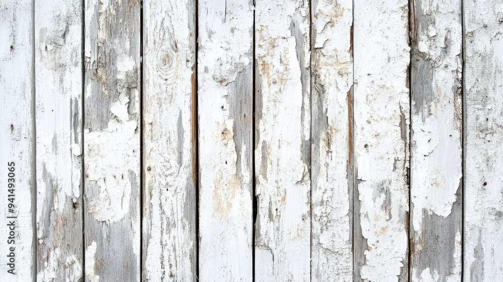 Aged wooden planks with peeling white paint, creating a shabby chic and vintage-inspired background Aged wooden planks with peeling white paint, creating a shabby chic and vintage-inspired background