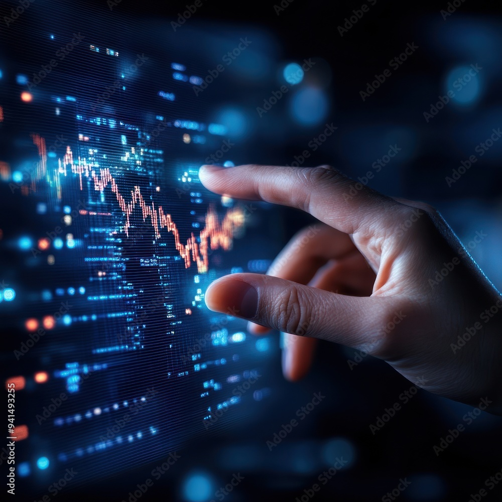 A person analyzing investment opportunities on a holographic screen A person analyzing investment opportunities on a holographic screen