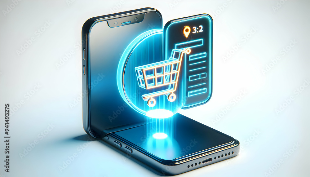 3D Smartphone with Holographic Shopping Bags concept as Horizontal shot of a smartphone placed on a white surface with glowing holographic shopping bags floating above it creating a futuristic Black F 3D Smartphone with Holographic Shopping Bags concept as Horizontal shot of a smartphone placed on a white surface with glowing holographic shopping bags floating above it creating a futuristic Black F