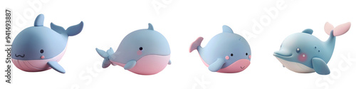 Cute cartoon whales in playful poses, perfect for children's illustrations, educational materials, and ocean-themed designs.