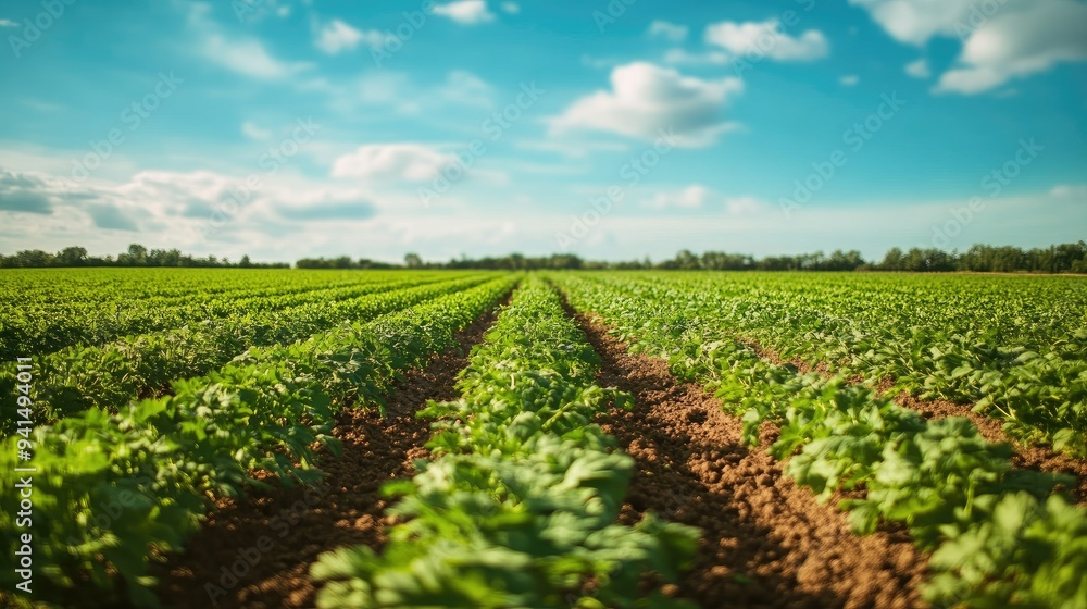 A wide shot of a flourishing carrot field under a clear blue sky, with rows of green foliage extending into the distance. Perfect for showcasing the abundance of the harvest. A wide shot of a flourishing carrot field under a clear blue sky, with rows of green foliage extending into the distance. Perfect for showcasing the abundance of the harvest.